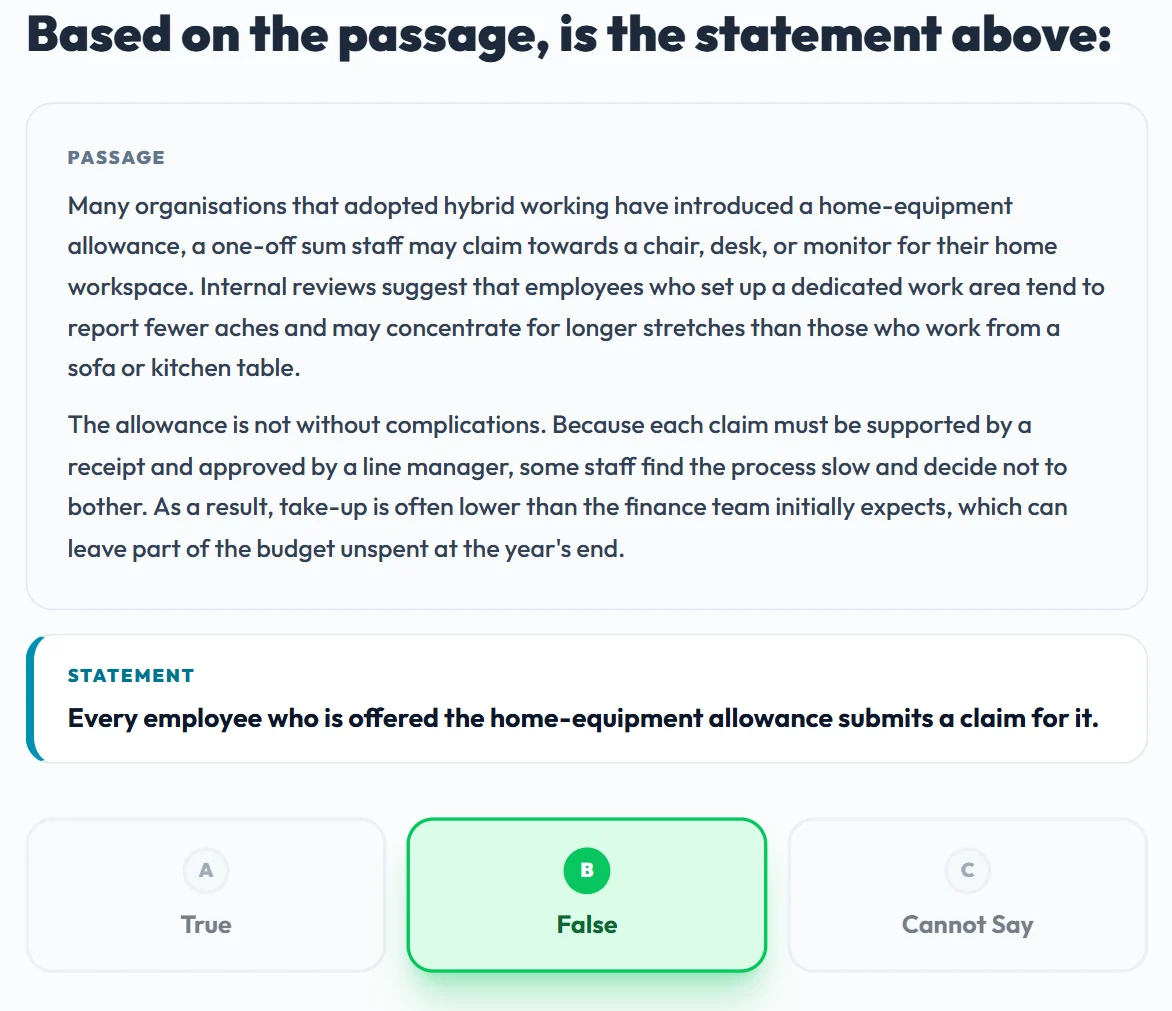 A verbal reasoning question in the Capply app