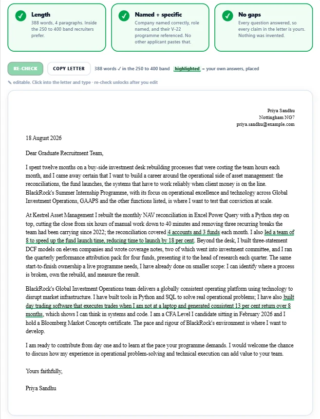 A cover letter built in Capply, with the writer's own claims highlighted and length, naming and gap checks passing above it