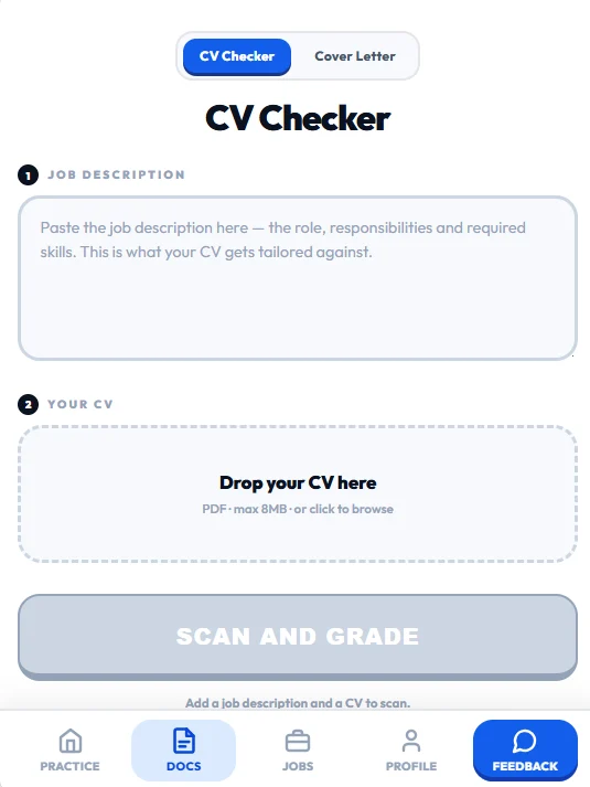 The Capply CV Checker screen: a box for the job description and a drop area for your CV