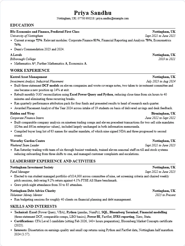 A CV tailored by Capply, laid out with education, work experience and skills sections