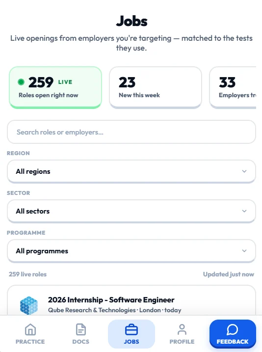 The Capply Jobs screen: a count of live roles, filters for region, sector and programme, and a list of open graduate openings